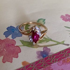 Exquisite Solid 14K Yellow Gold Marquise Cut Ruby & Natural Diamonds Bypass Ring